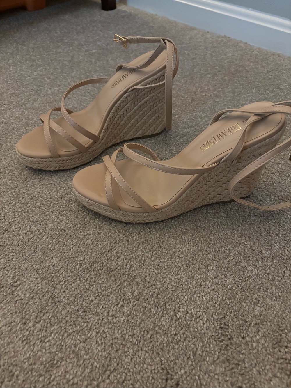 Dream Pairs Nude/Tan Espadrille Wedge Sandals with Ankle Wrap